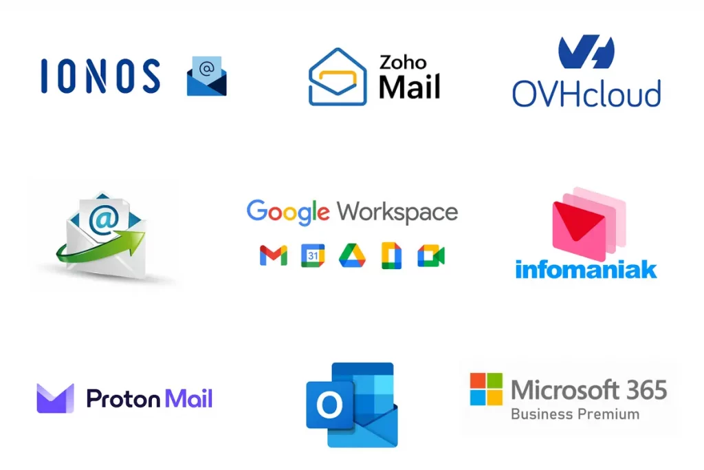 Visuel présentant les logos des principaux fournisseurs de messagerie professionnelle en France